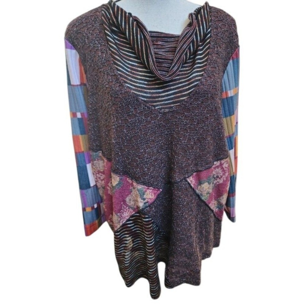 Ali Miles Mixed Media Patch Cowl Neck Tunic Size XL Lined Boho Artsy